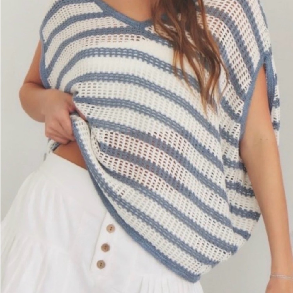 Mustard Seed Blue and Cream V-Neck Sweater